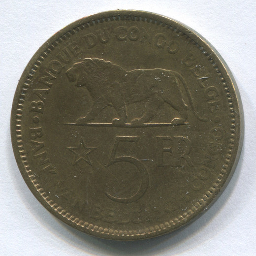 Монета Бельгийского Конго 5 франков 1936 VF