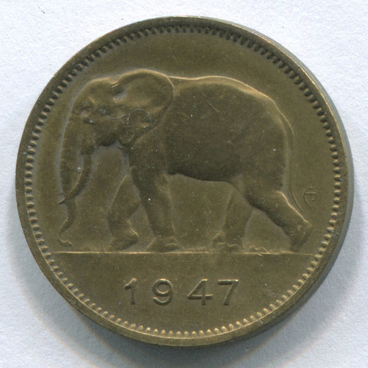 Монета Бельгийского Конго 2 франка 1947 aUNC