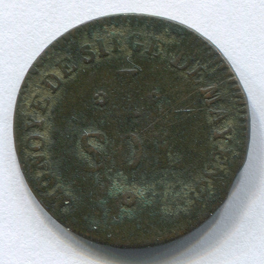 Монета Германии Майнц 1 соль 1793 F (Оада Майнца)