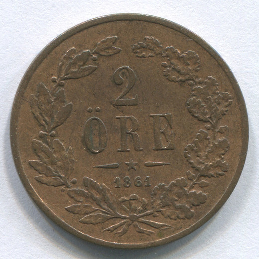 Монета Швеции 2 эре 1861 GVF