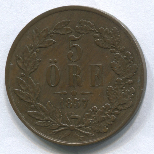 Монета Швеции 5 эре 1857 VF