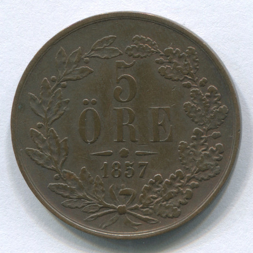 Монета Швеции 5 эре 1857 GVF