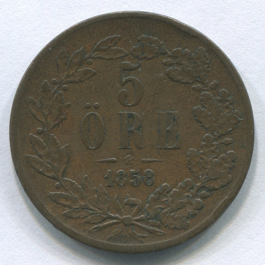 Монета Швеции 5 эре 1858 VF