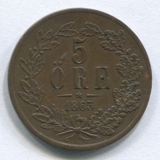 Монета Швеции 5 эре 1863 XF
