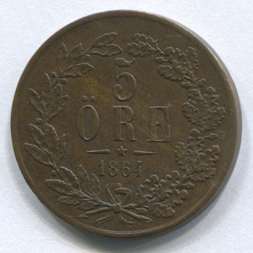 Монета Швеции 5 эре 1864 XF