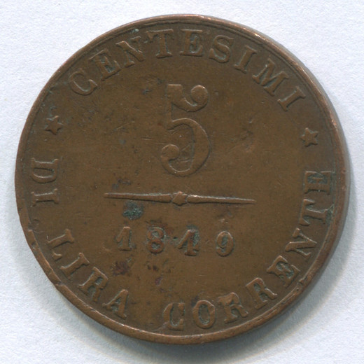 Монета Италии Венеция 5 чентезими 1849 VF