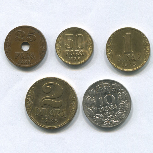 Монета Югославии 25 и 50 пара, 1, 2 и 10 динаров 1938 UNC