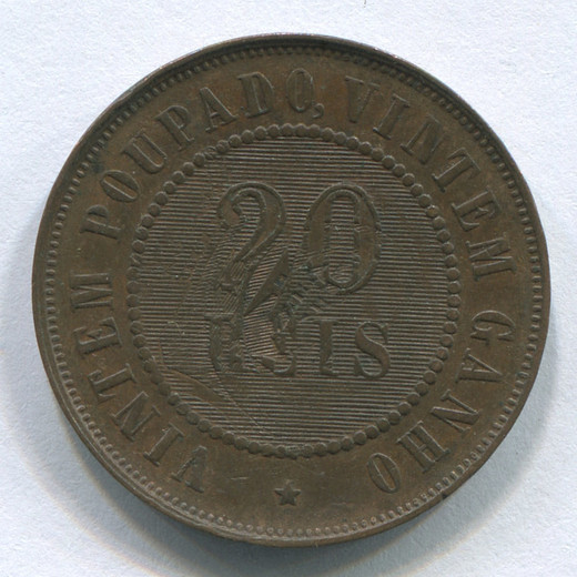 Монета Бразилии 20 рейс 1889 GVF (следы перечекана)