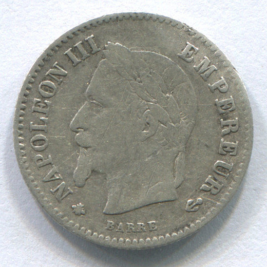 Монета Франции 20 сантимов 1867 F
