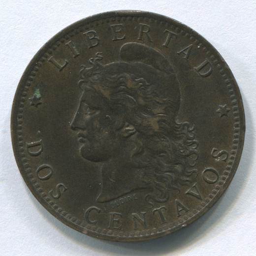 Монета Аргентины 2 сентаво 1890 XF