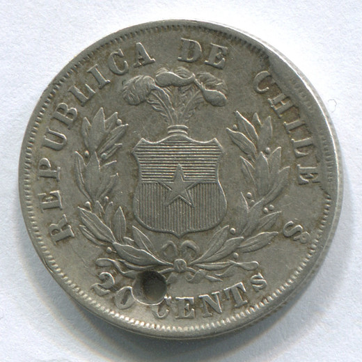 Монета Чили 20 сентаво 1873 VF (отверстие)