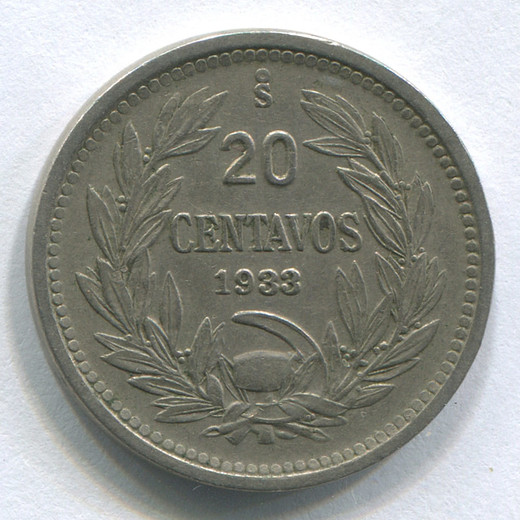 Монета Чили 20 сентаво 1933 GVF