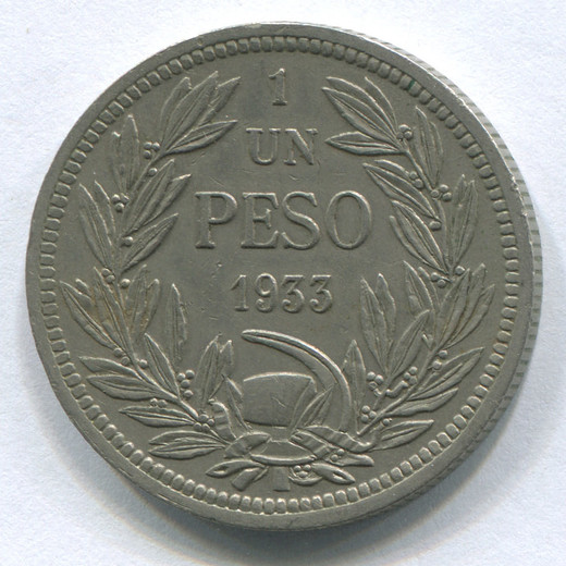 Монета Чили 1 песо 1933 XF