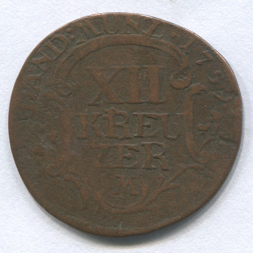 Монета Германии Пфальц 12 крейцеров 1759 F (фальшивая)